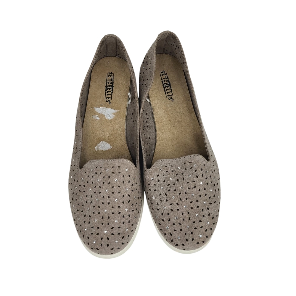 Seychelles Women's Taupe Slip-On Shoes Laser Cut Rhinestone Size 9